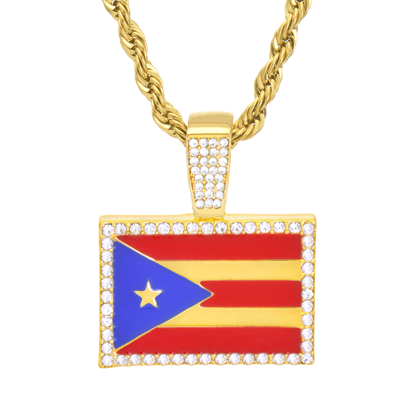 Men’s Gold Tone Iced Bling Puerto Rico Flag Pendant 24″ Chain Necklace HC 1046 G