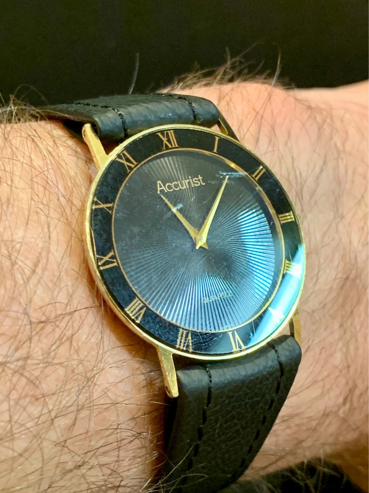 Accurist Ultra Slim Watch 31mm Black Dial Gold Tone New Leather Strap Working