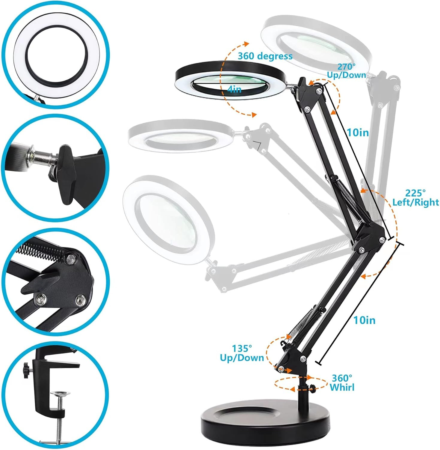 10X Magnifying Glass with Light and Stand, 2-In-1 Stepless Dimmable LED Desk Lam