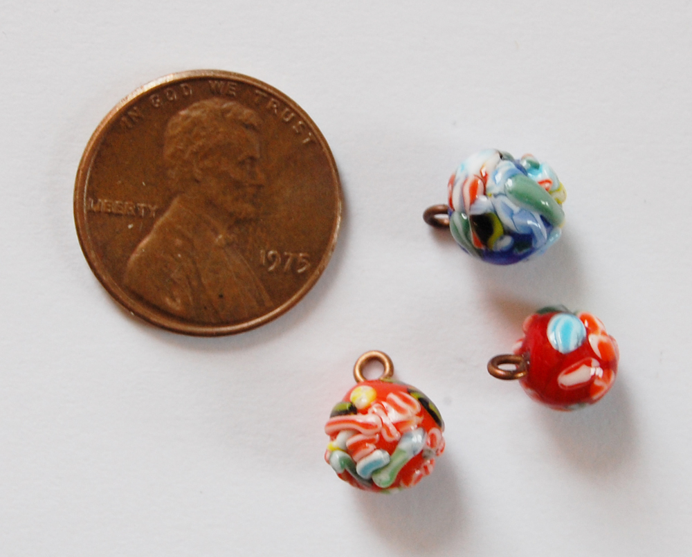 VINTAGE FUSED GLASS COLORFUL MILLEFIORI BEAD BALL PENDANTS 8mm• RED GREEN ORANGE