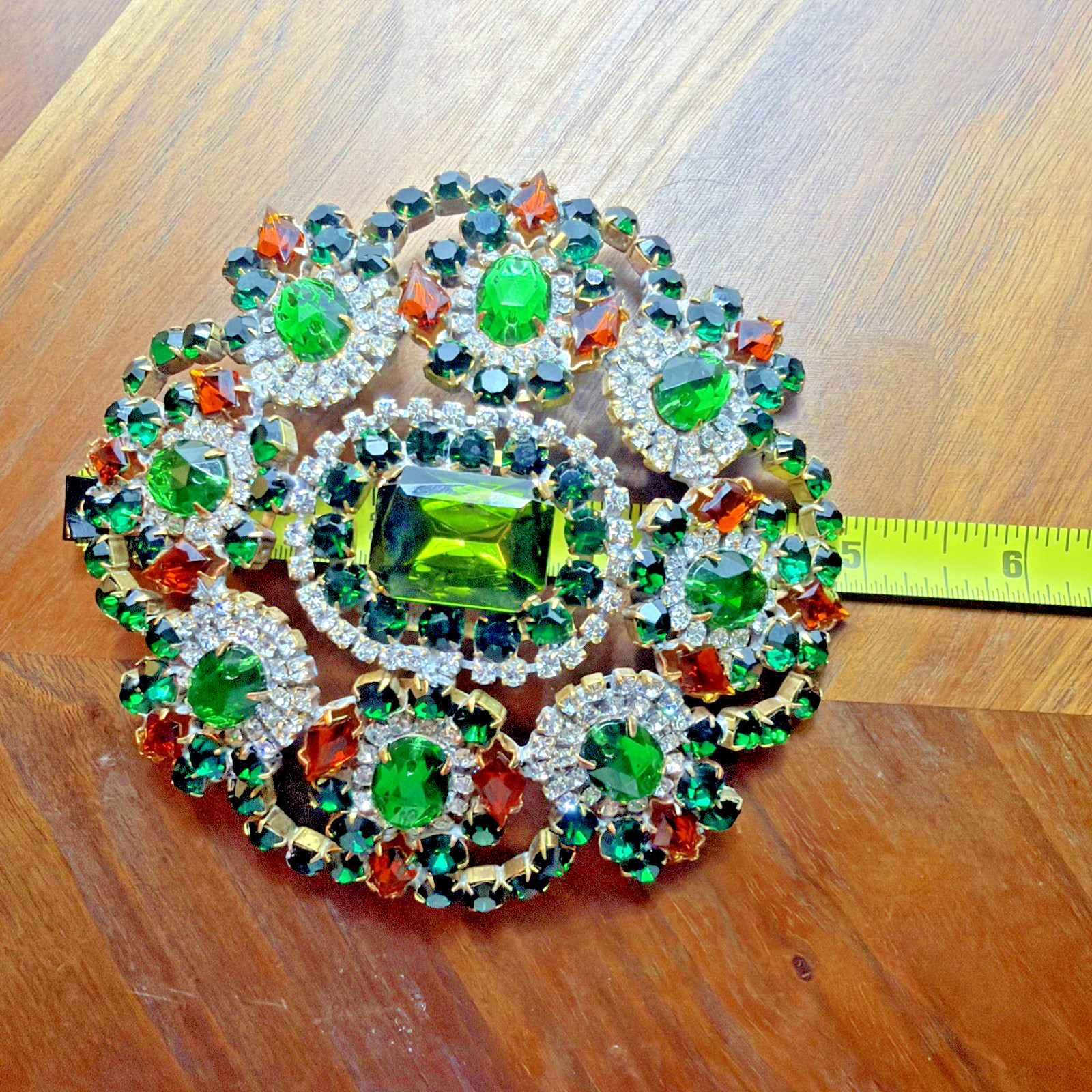 Vintage Bijoux Statement Crystal Rhinestone Brooch Green Orange Tones