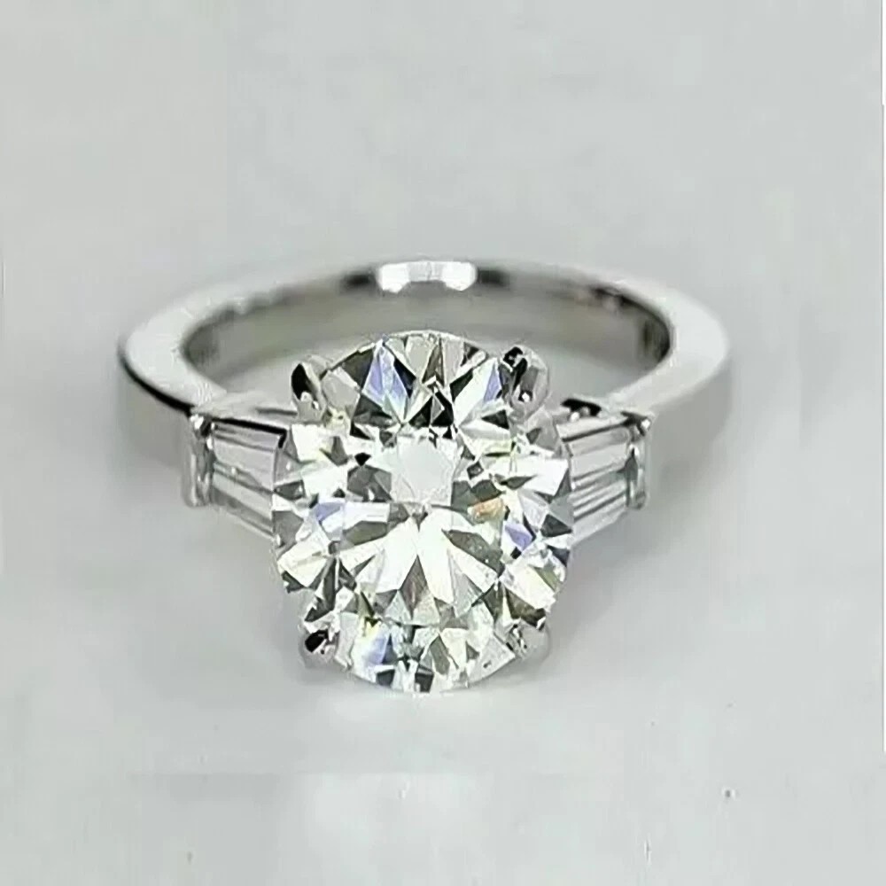 2Ct Round Cut Moissanite Engagement Ring 925 Sterling Silver Tapered Baguette