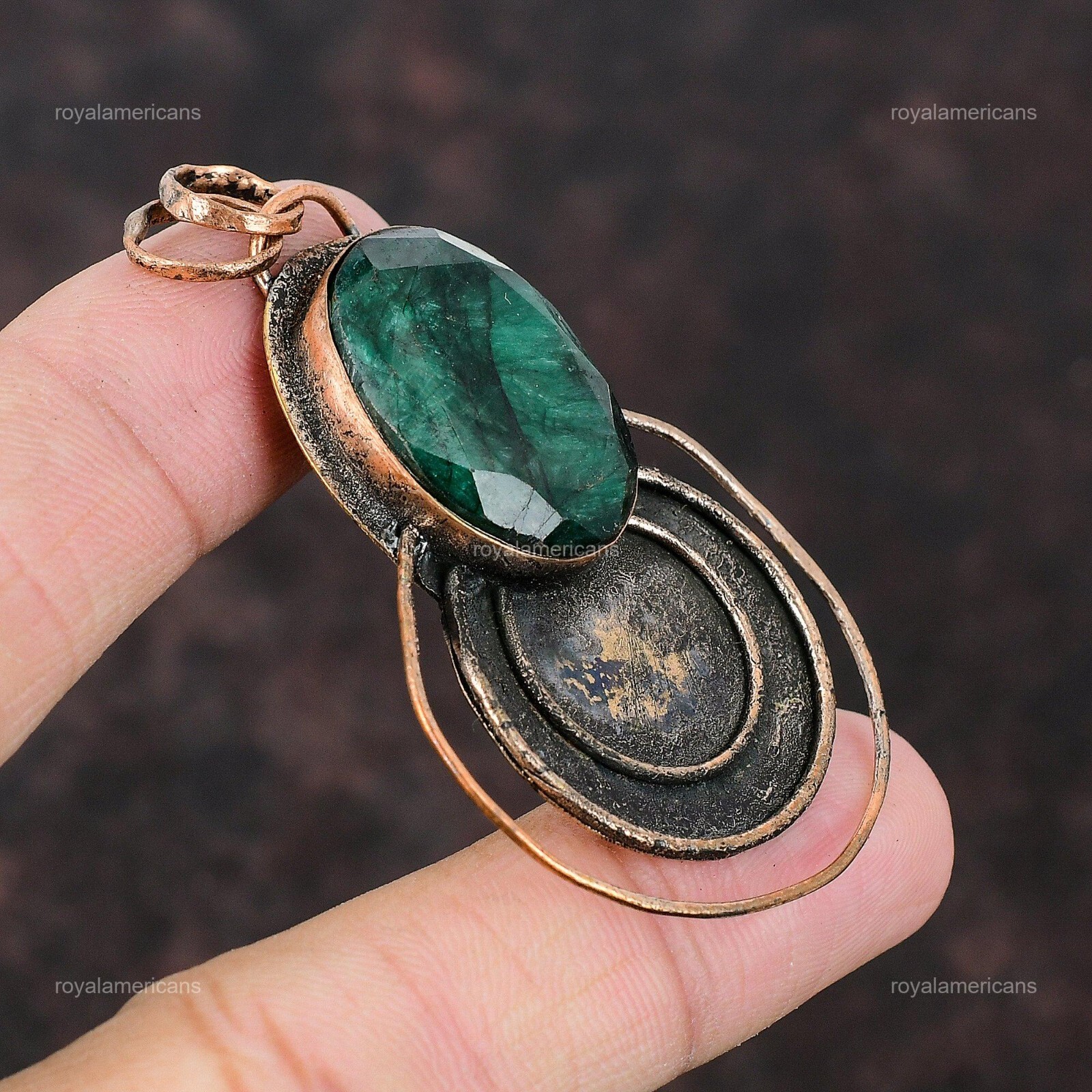 Valentines Sale Oval Zambian Emrald Stone Daughter Twisted Bezel Pendant Copper