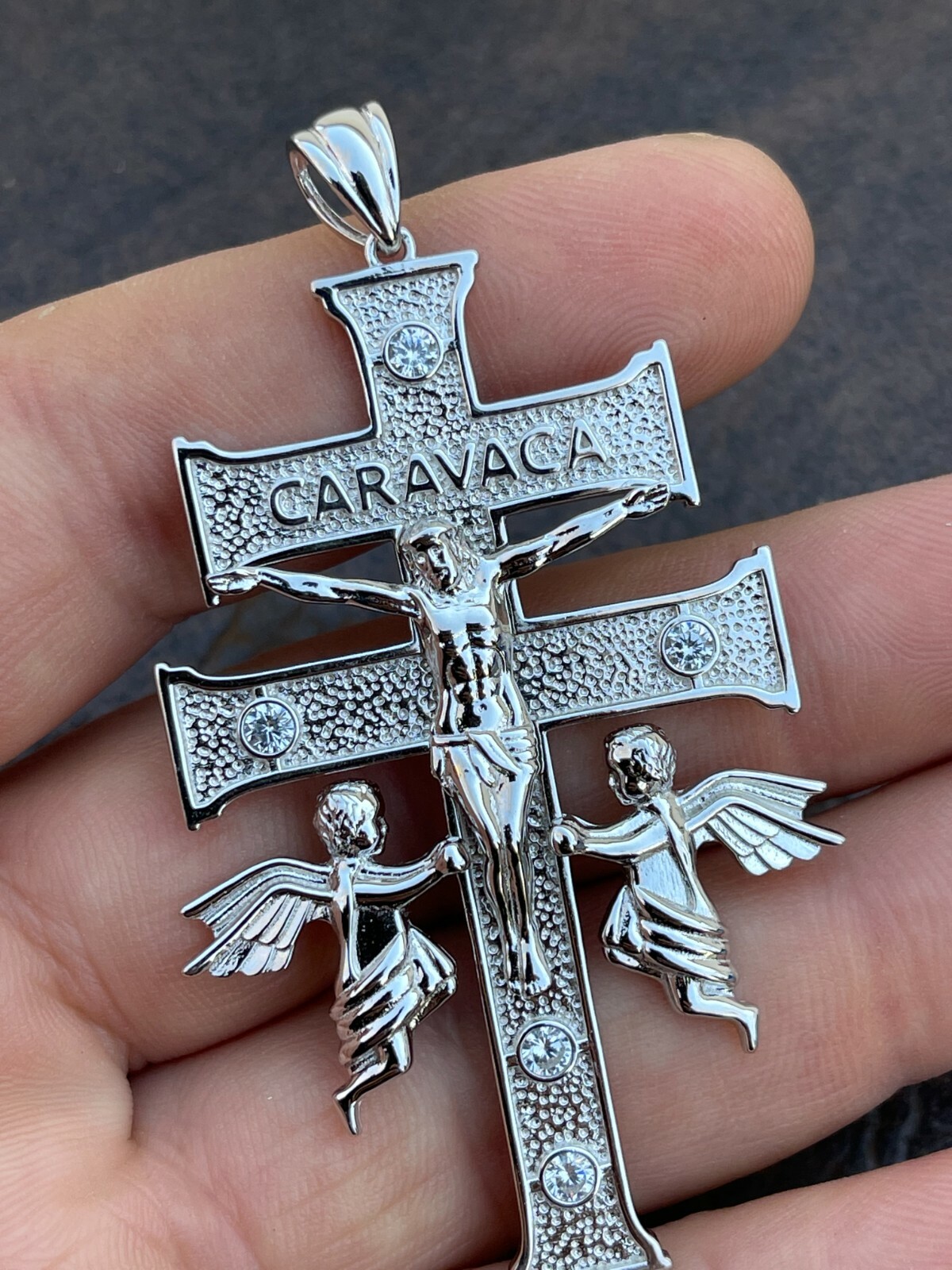 Real Solid Sterling 925 Silver Caravaca Cross Double Crucifix Mens LARGE 2.5″