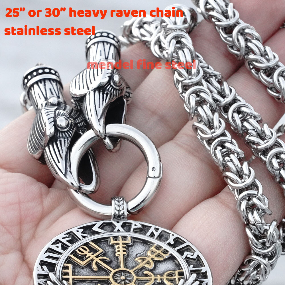 MENDEL Stainless Steel Mens Norse Viking Raven Vegvisir Pendant Necklace For Men