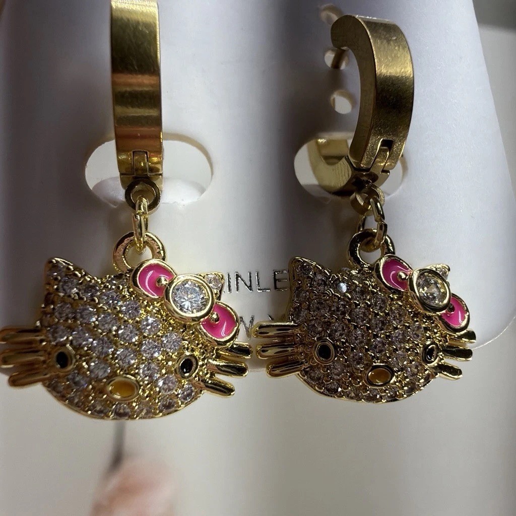Gold Tone Hinged Hoop Dangle Cat Face Pink Bow Clear Crystal Earrings