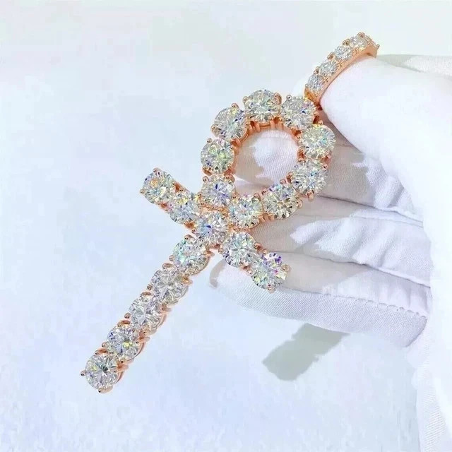 2.50Ct Round Cut Real Moissanite Men’s Ankh Cross Pendant 14k Rose Gold Plated