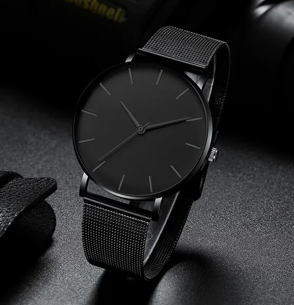 Men Quartz Blackout Watch – Minimalist Ultra Thin Stainless Steel Watch