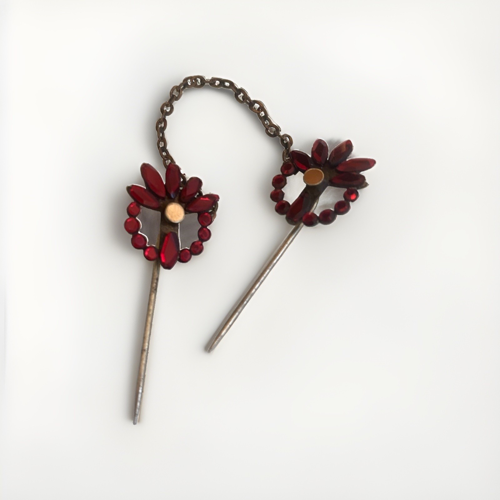 Antique Victorian Double Stick Pin Ruby Red Bohemian Glass “Garnets” c. 1900