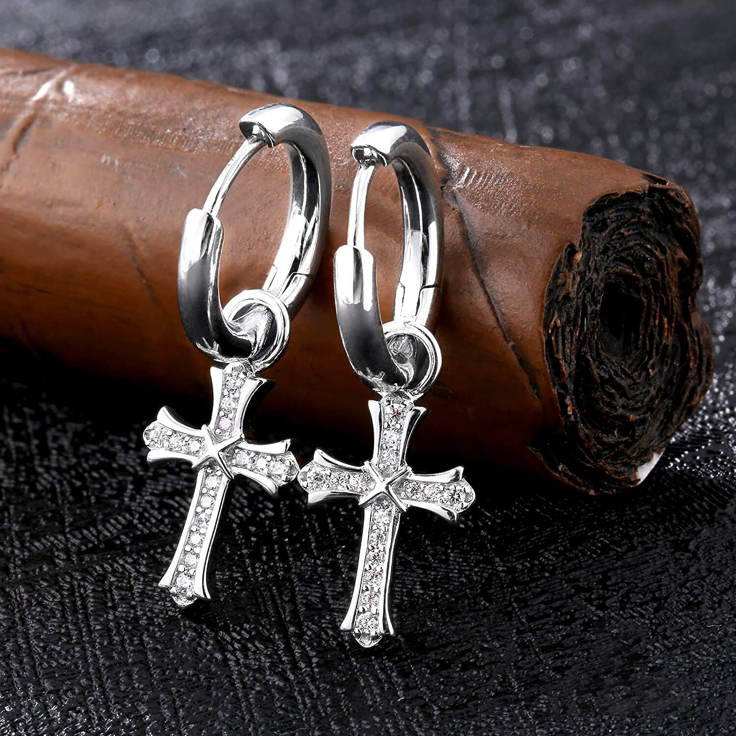 Men & Women 18K White Gold Plated CZ Cross Leverback Huggie Hoop Drop Earrings