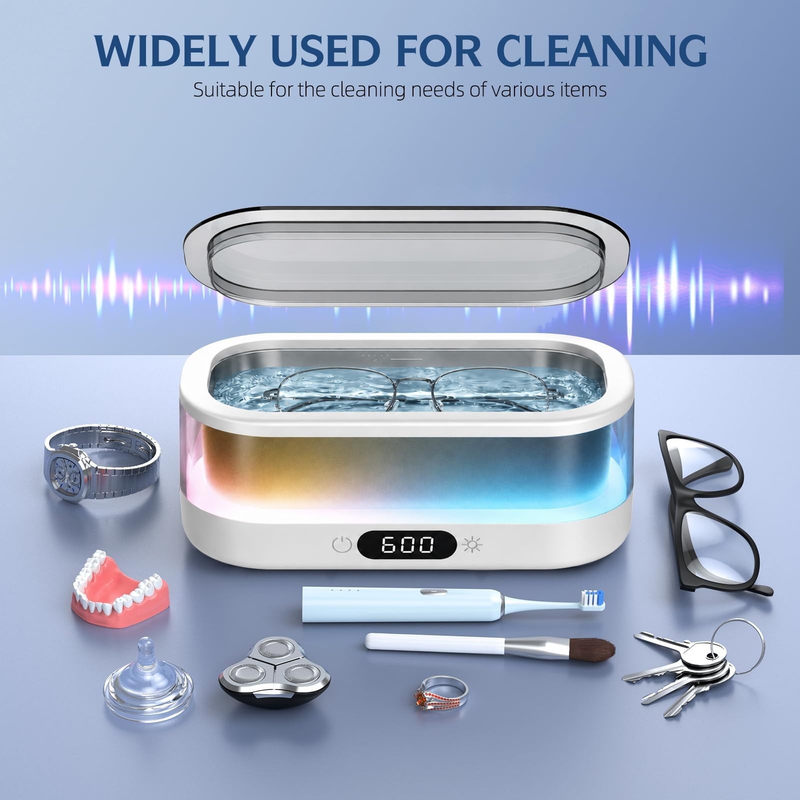 Ultrasonic Jewelry Cleaner 48KHz with RGB Lights, 350ML Stainless Steel Tank, Du