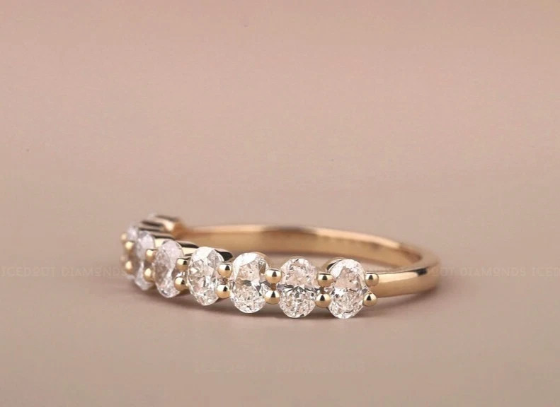1.50CT Oval Cut Natural Diamond Half Eternity Wedding Band 14K Real Yellow Gold