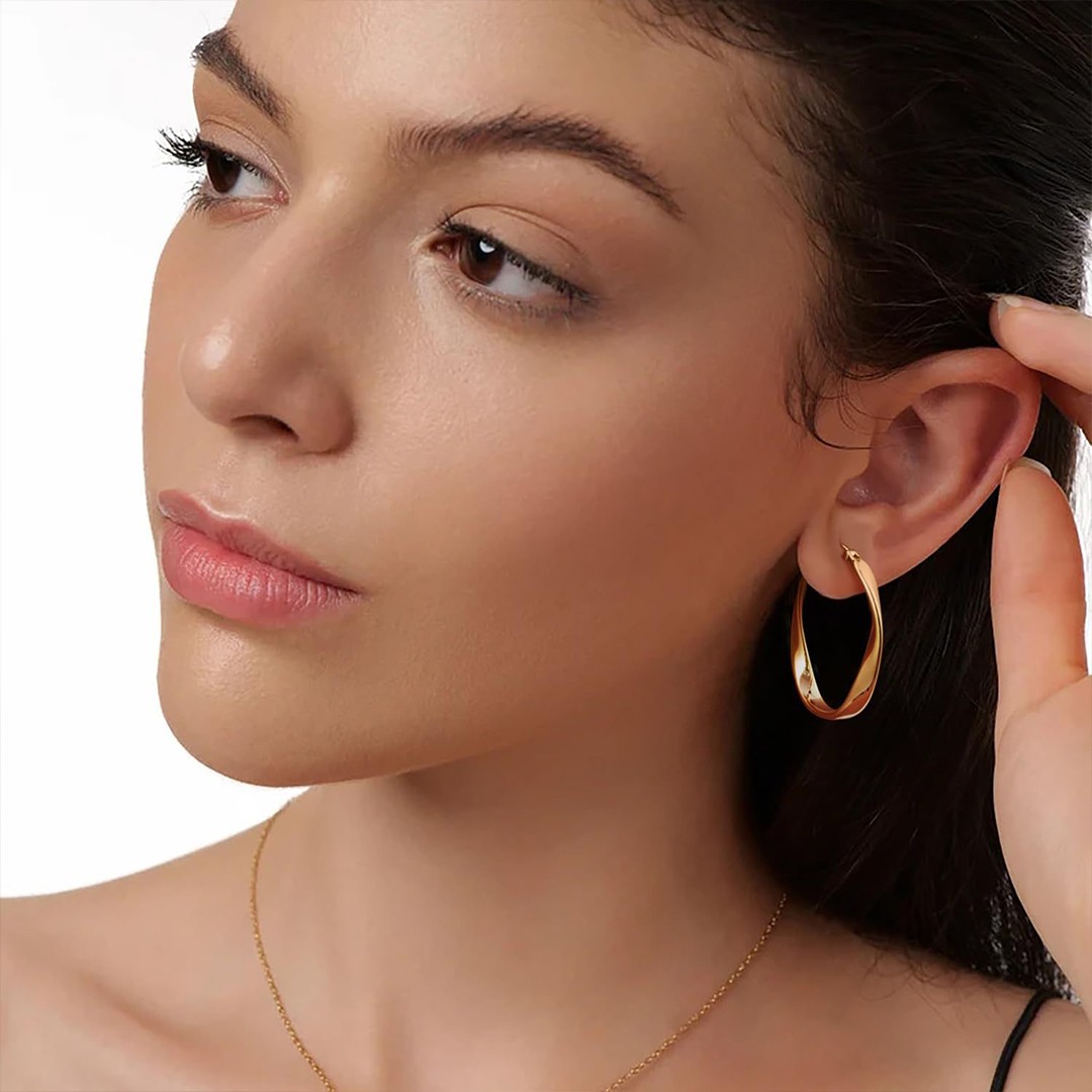 14K 25/30MM Gold Hoop Earrings for Women Large Earring Thick Hoop Twisted Wave
