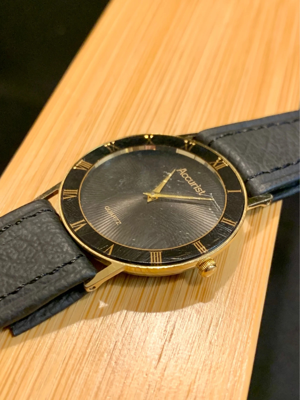 Accurist Ultra Slim Watch 31mm Black Dial Gold Tone New Leather Strap Working