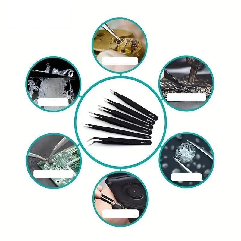 6Pcs ESD Anti-static Tweezers Set Maintenance Repair Stainless Steel Tools Kit