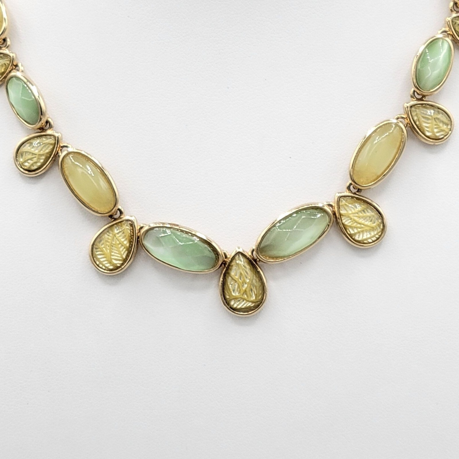 Gold Tone Pea Green Cabochon Teardrop Necklace Foil Backed Lobster Clasp 16 in