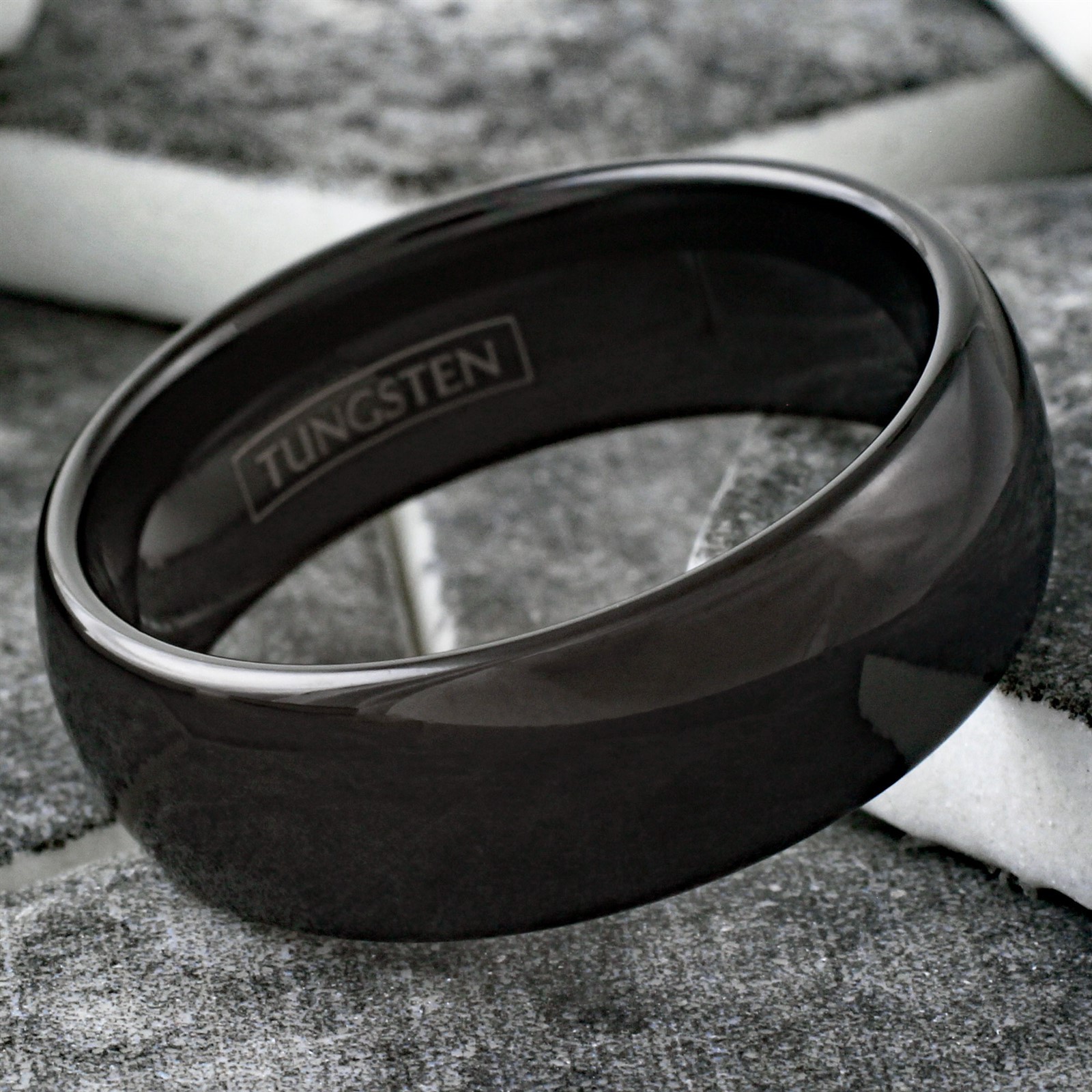 6/8mm Tungsten Carbide Polished Black Plain Domed Comfort Fit Wedding Band Ring