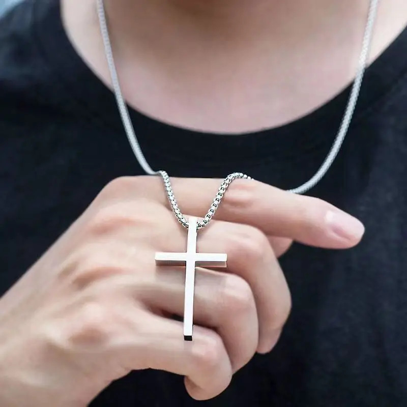 Hip Hop Trend Cross Pendant Necklace for Men Simple Punk Silver Color Titanium S
