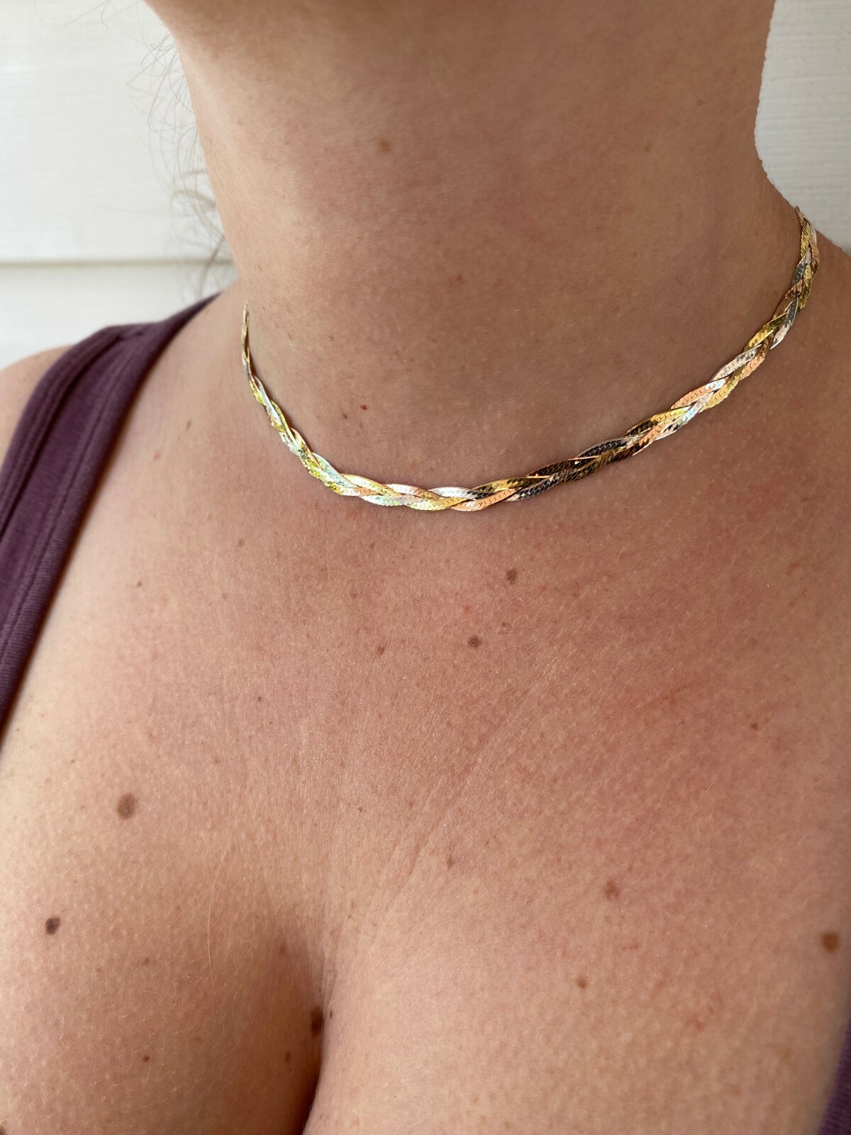 925 Silver Tri-Color Yellow Rose Gold Plated Twisted Braided Herringbone Chain