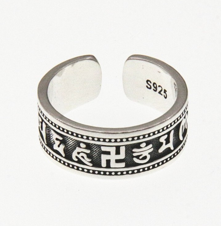 New mens sterling Silver Open Ring with Buddhist six-character mantra gift