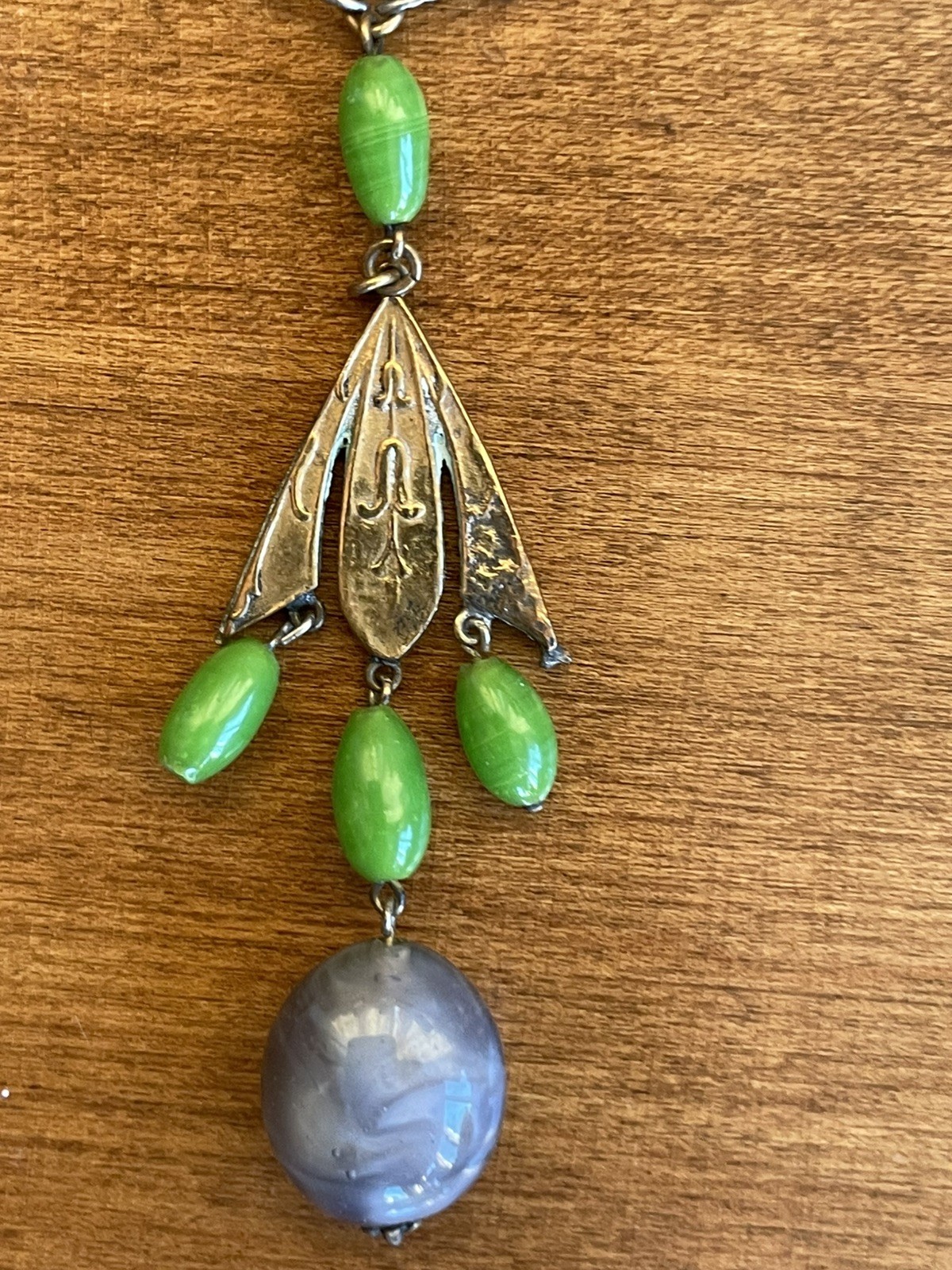 Antique Art Deco Czech Green Glass Beads Lavalier Flapper Necklace Roaring 20s