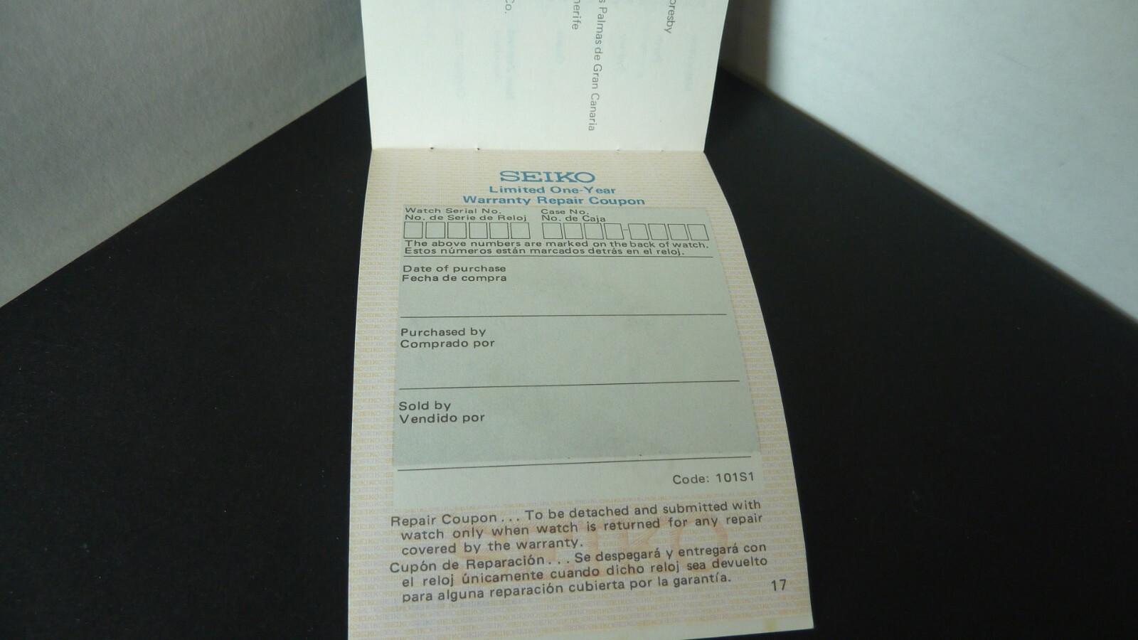 Seiko Limited One-Year Warranty Card Unused Worldwide Service.