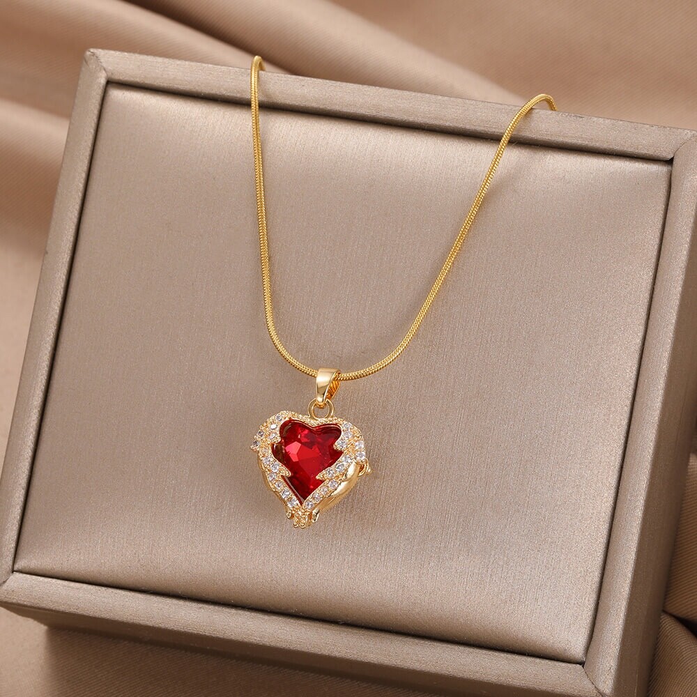 Women’s Fashion Jewelry Gold Red Heart Cubic Zircon Pendant Necklace 456