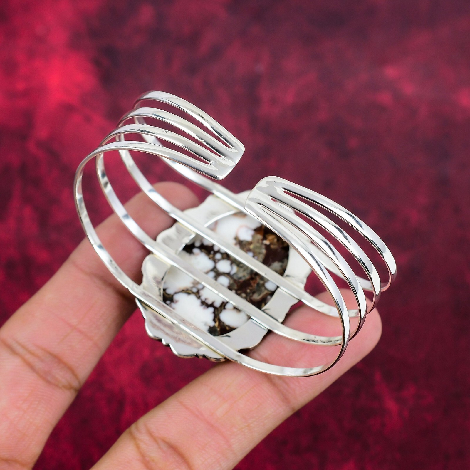 Wild Horse Gemstone Handmade 925 Sterling Silver Adjustable Bangle Jewelry