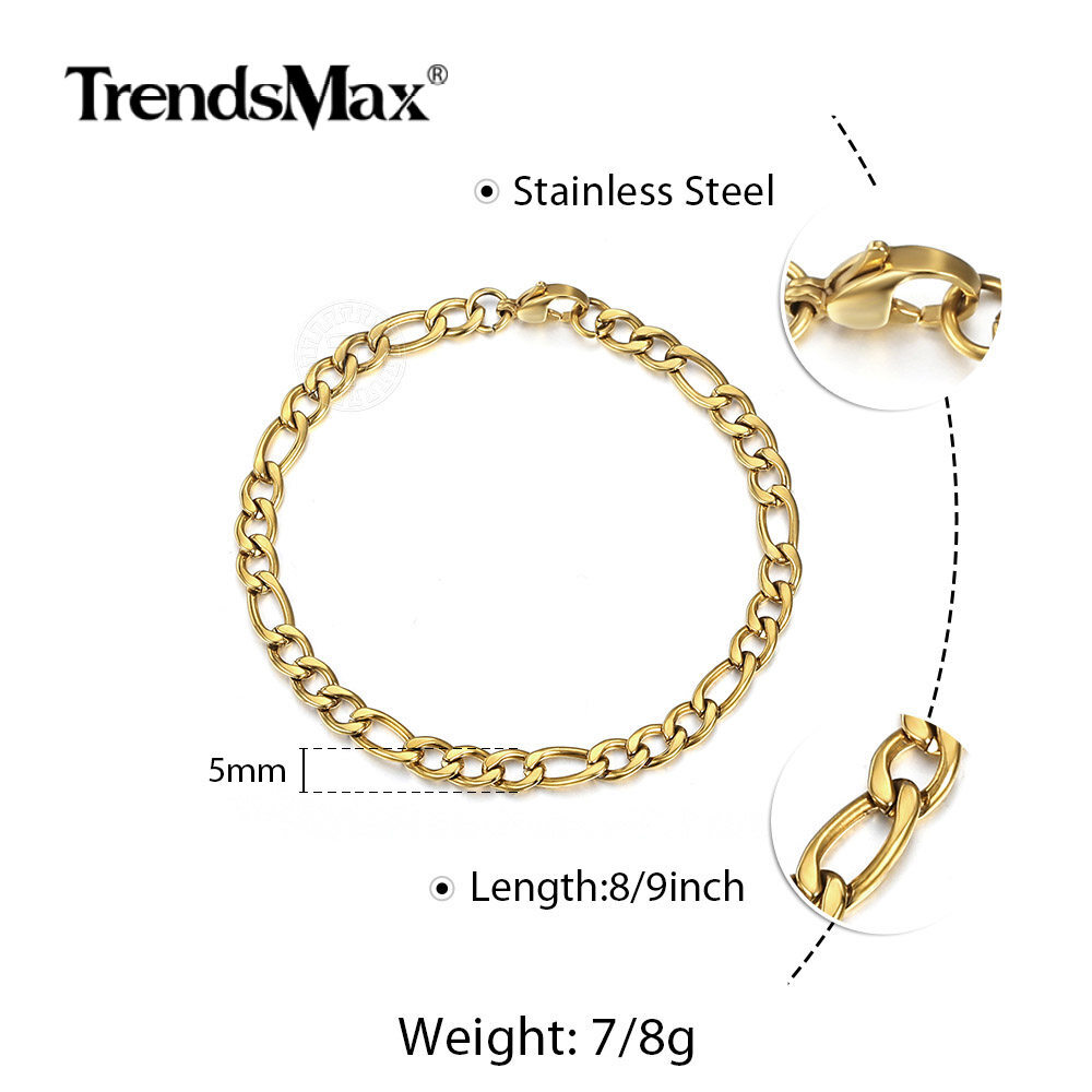 3/5/7/9mm Silver/Gold Plated Stainless Steel Figaro Link Chain Bracelet 7-10 in
