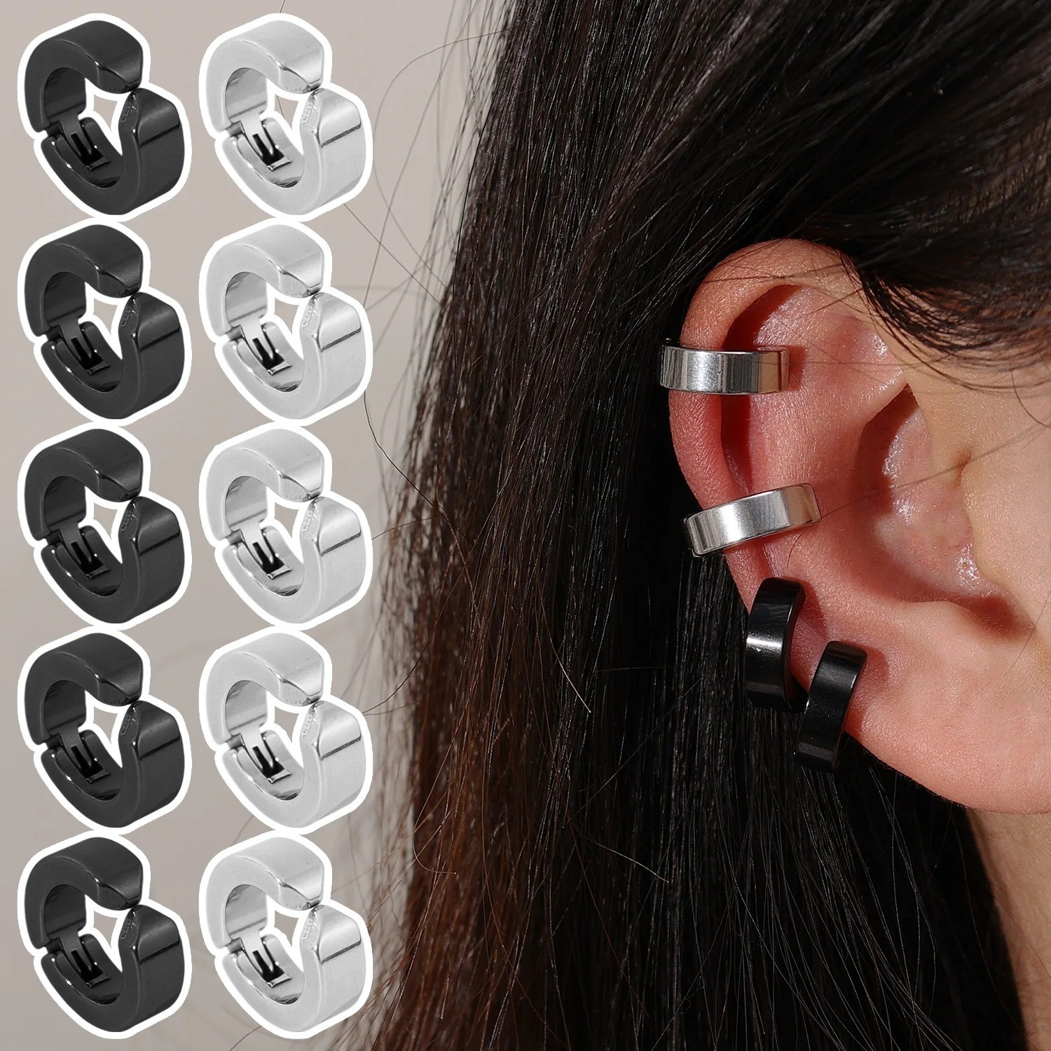 2pcs 316L Cuff Earring Non Piercing Hoop Earring Clip On Earring Fake Piercing