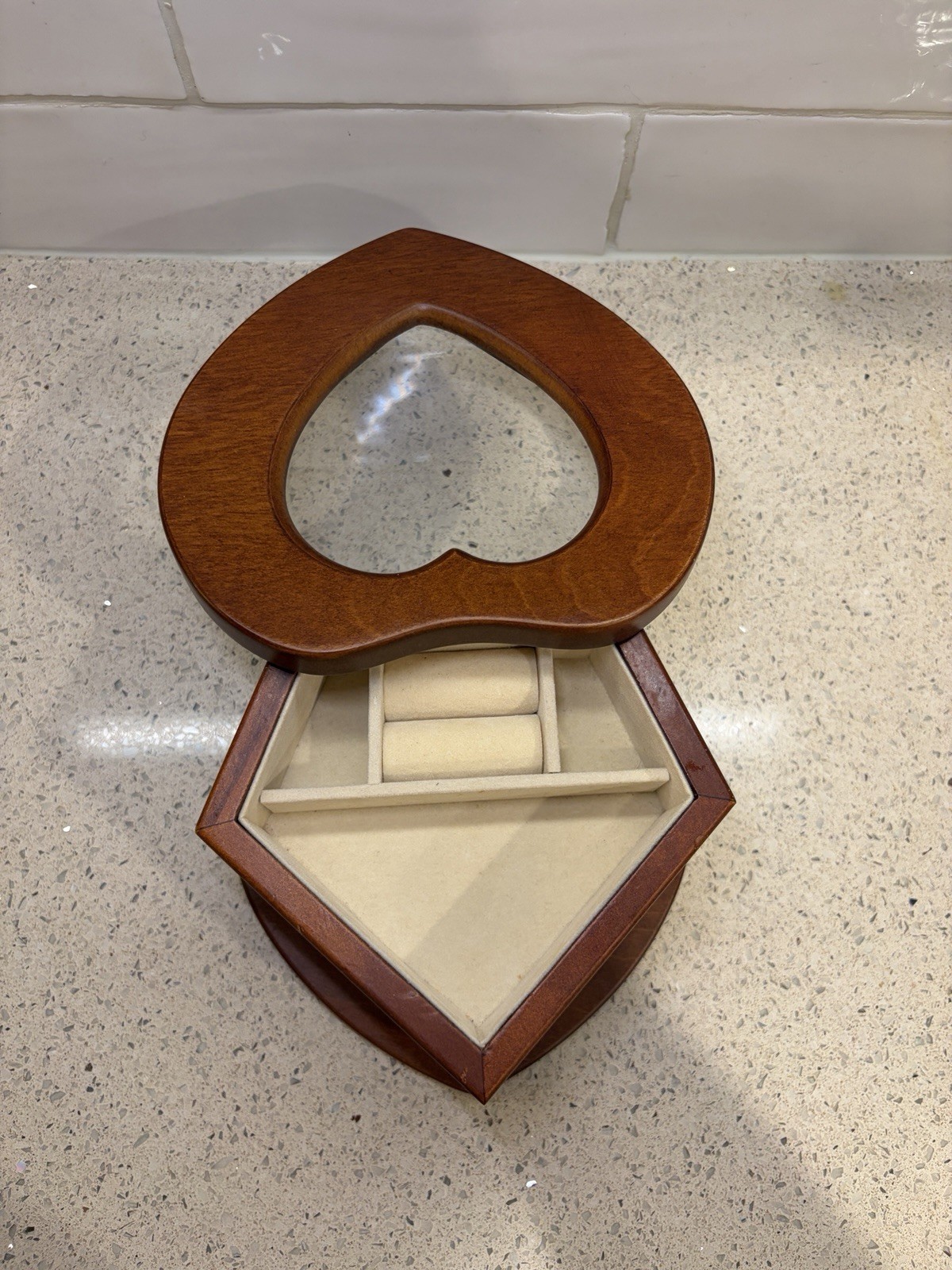 Heart Shaped Wooden Jewelry Box w/ Glass Lid, Velvet Lined Interior