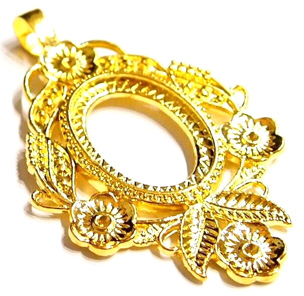 4 of 30x22mm Shiny Gold Flower and Leaf Pendant Settings, For Cameos, Cabs Glass