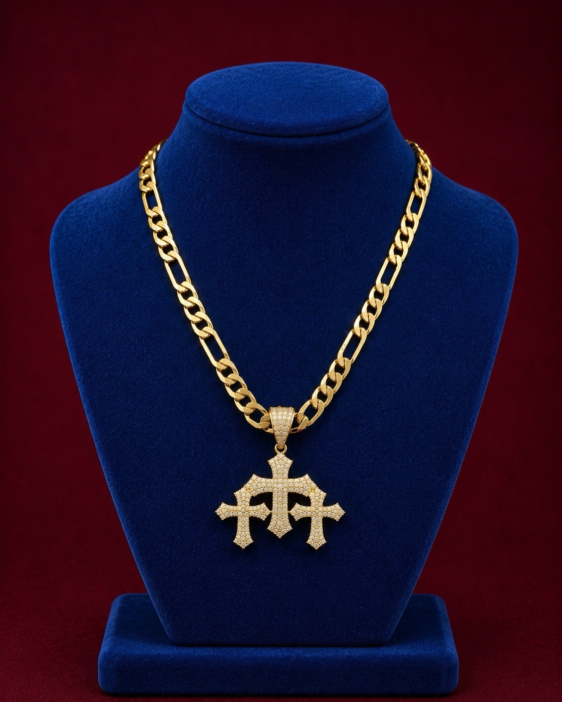 Gold plated top quality none tarnished Curb Chain Triple Cross CZ Pendant