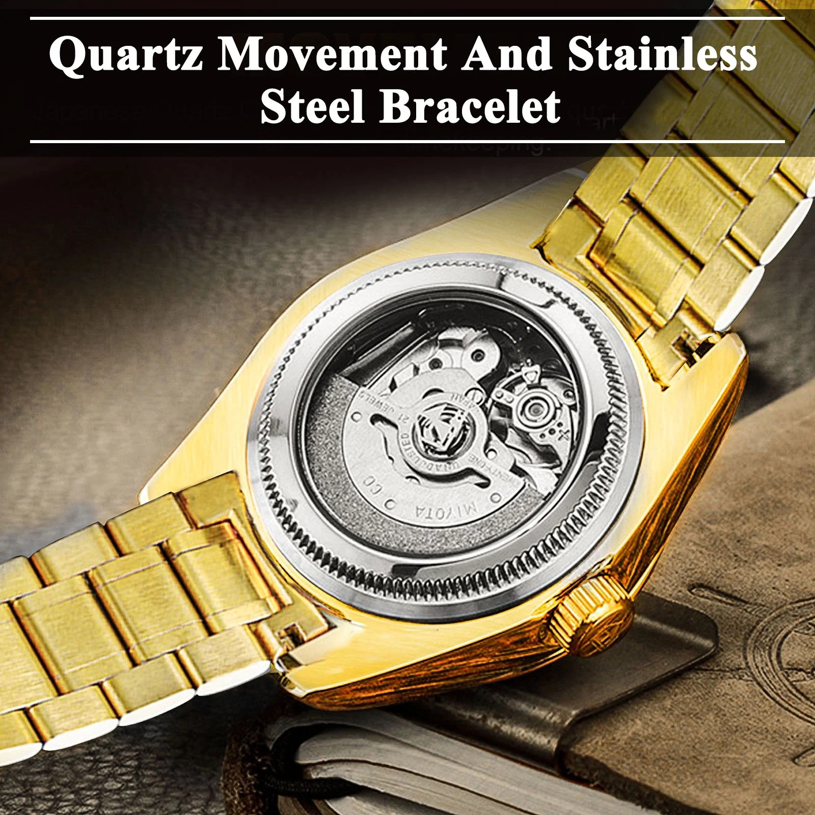 Classic Diamond Gold Watches for Men, Stainless Steel Waterproof Dress Watch, Me