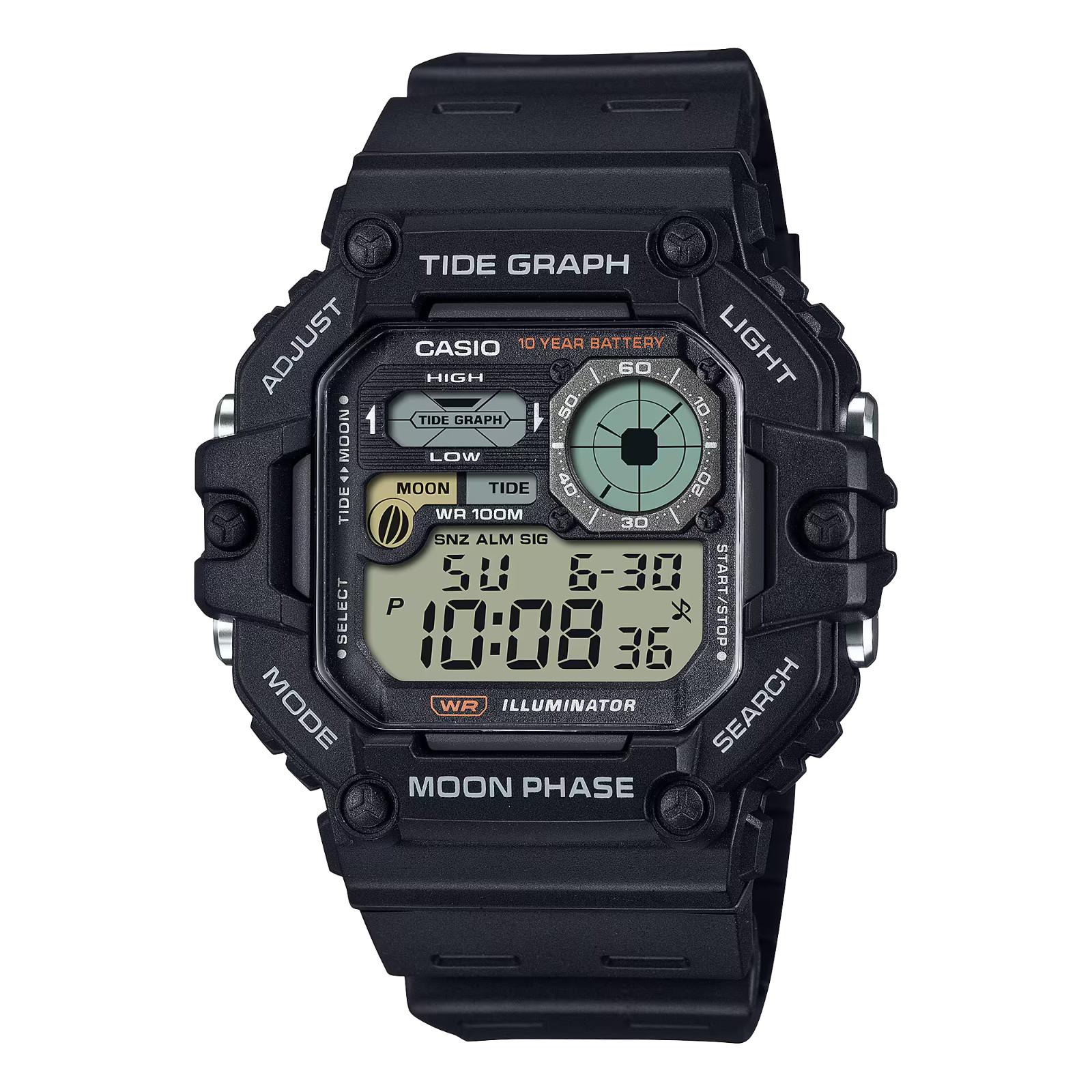 Casio WS-1700H-1AV, Tide Graph/Moon Phase Resin Watch, 3 Alarms, 10 Year Battery