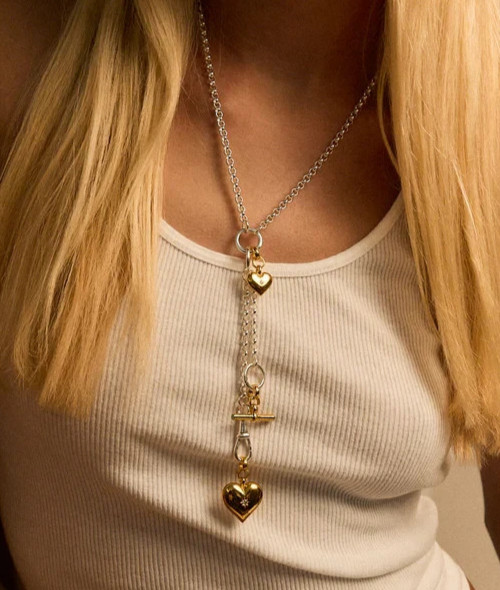 Rolo Chain layered Necklace Brass Metal heart and T-bar charm necklace for gift