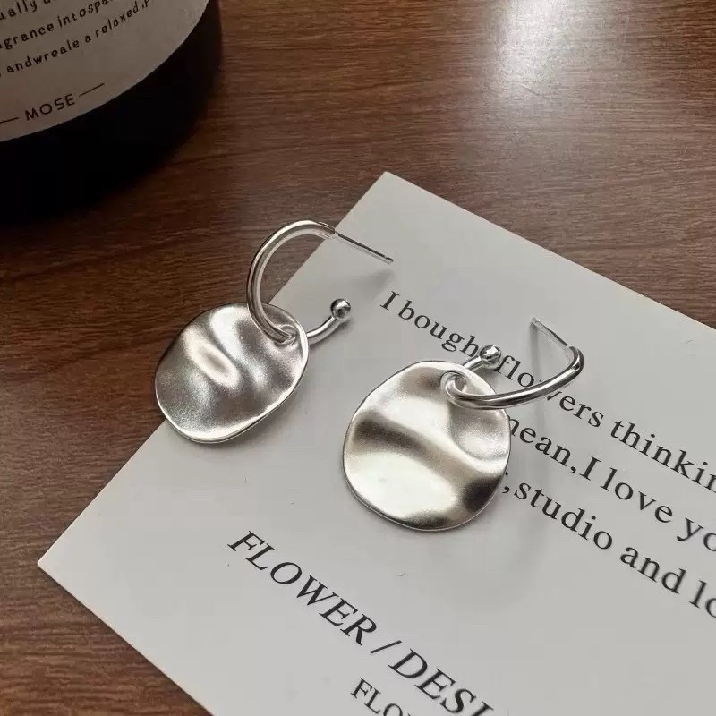 925 Silver Hammered Disc Drop Hoop Earrings Matte Round Hoop Earrings 362