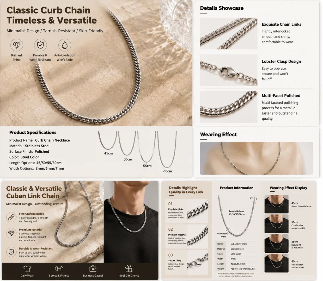 316L Stainless Steel Popcorn Chain for Men, 58cm Non-Tarnish Coreana Link Neckla