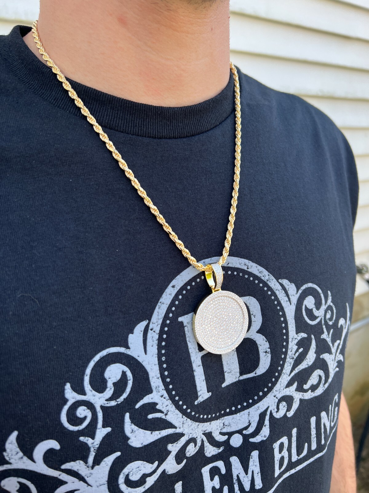 Real MOISSANITE Gold Plated Out Iced Round HipHop Pendant Necklace Passes Tester
