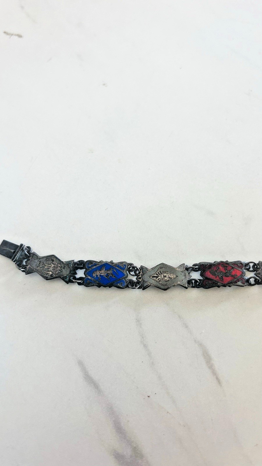Vintage Siam Sterling Silver Niello 8 Panel Bracelet Thai Deities Gods 7 1/4″