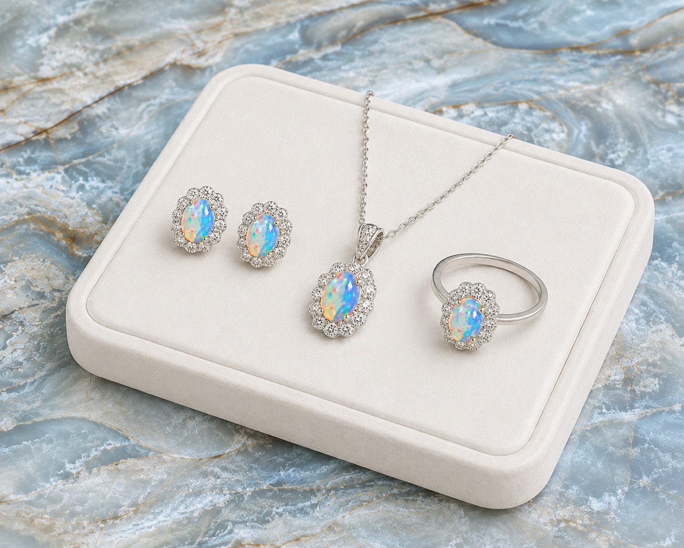 Natural 5x7mm Fire Opal Jewelry Set Ring Stud Earrings Pendant 925 Silver