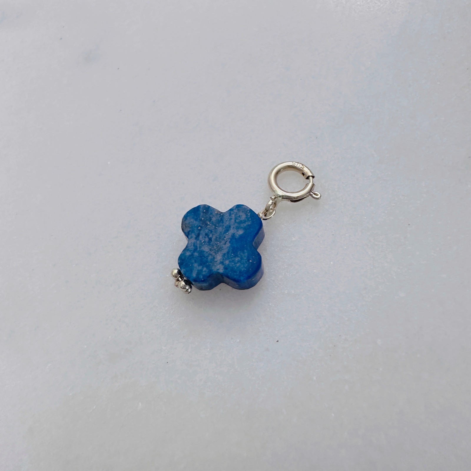 14K Solid Yellow Gold Lapis Lazuli Clover Small Charm Pendant w/Spring Clasp