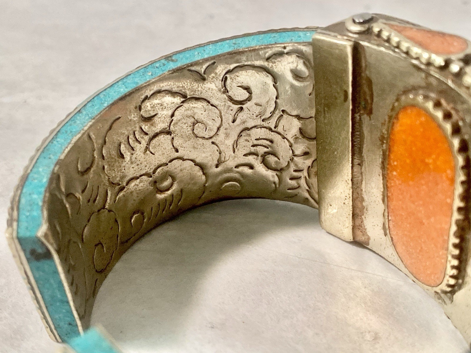 Moroccan Silver Tone Style Berber Mosaic Cuff Bracelet Coral Turquoise Enamel