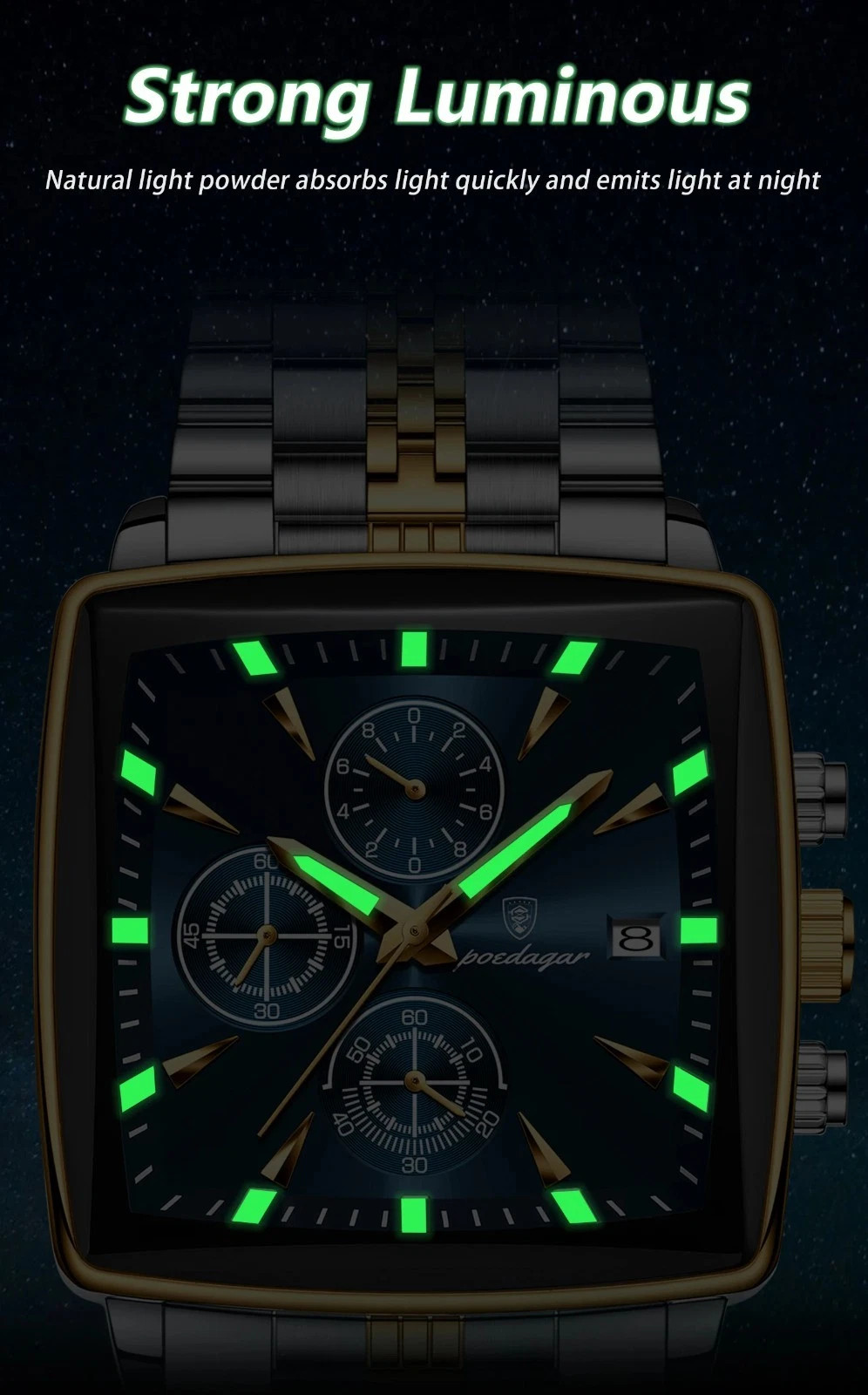 Luxury Men’s Watch Square Stainless Steel Waterproof Luminous Chrono