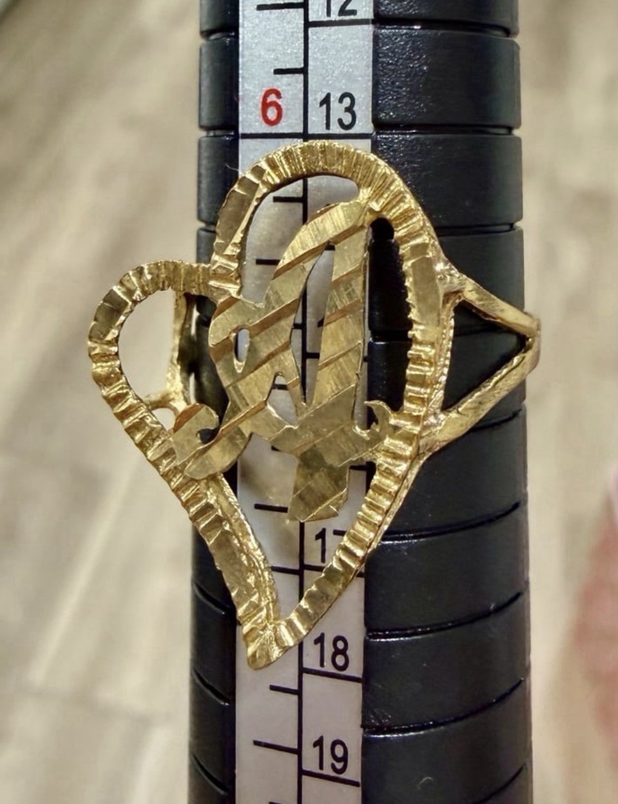10K Yellow Gold Vintage Large Diamond Cut Initial A Heart Size 7 Ring