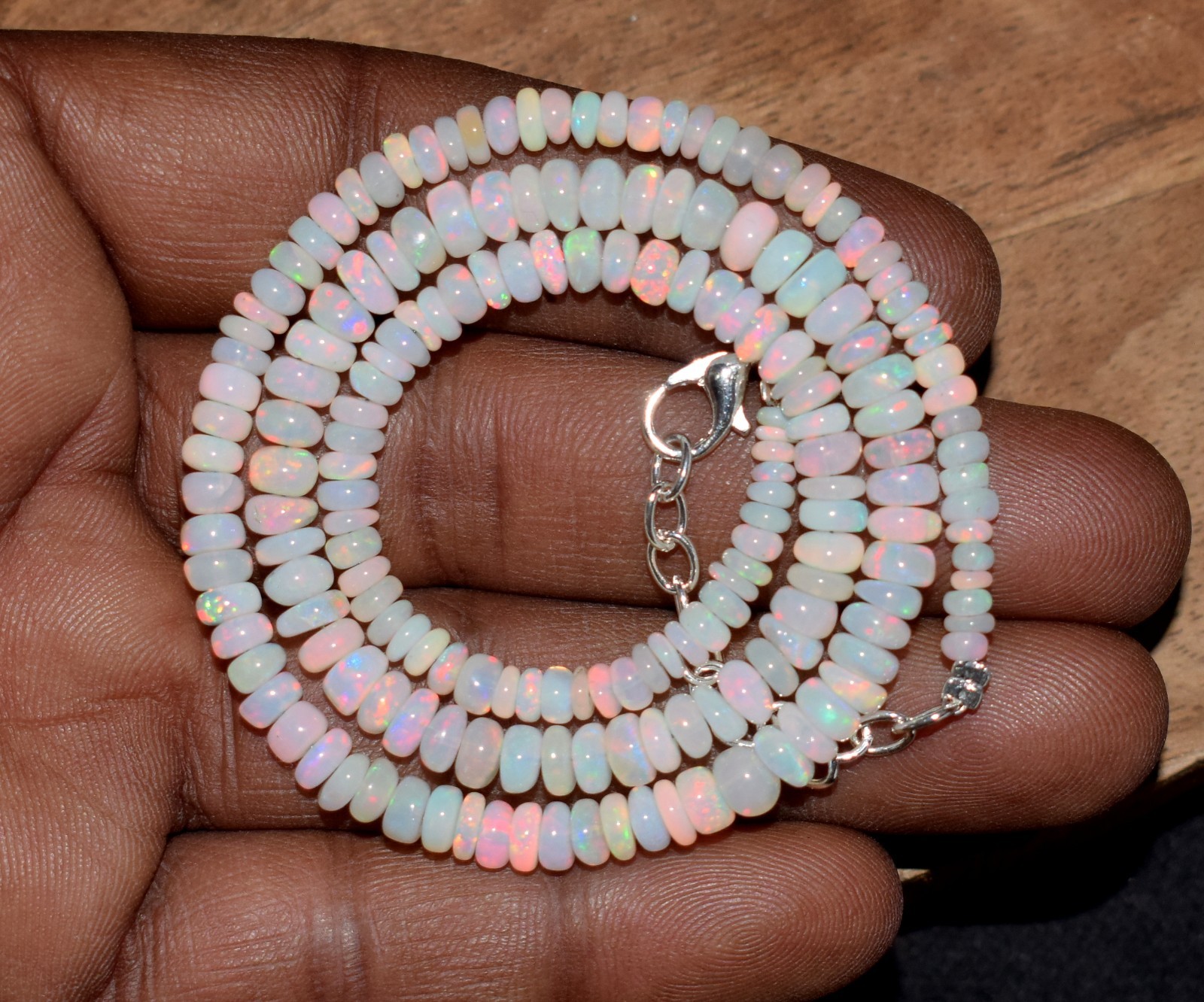 16″Natural Ethiopian Opal Wello Fire Opal Gemstone Bead Necklace AF0494
