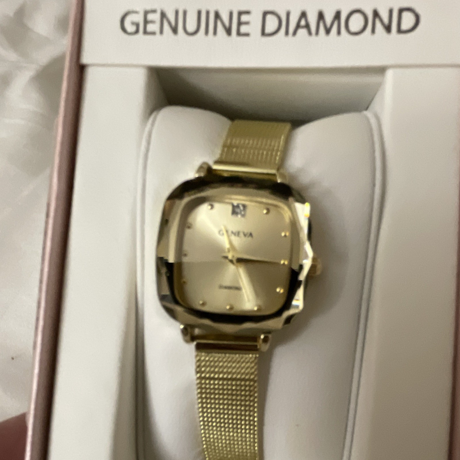 Geneva Genuine Diamond Collection Women’s Cushion Gold Quartz Mesh Watch Box