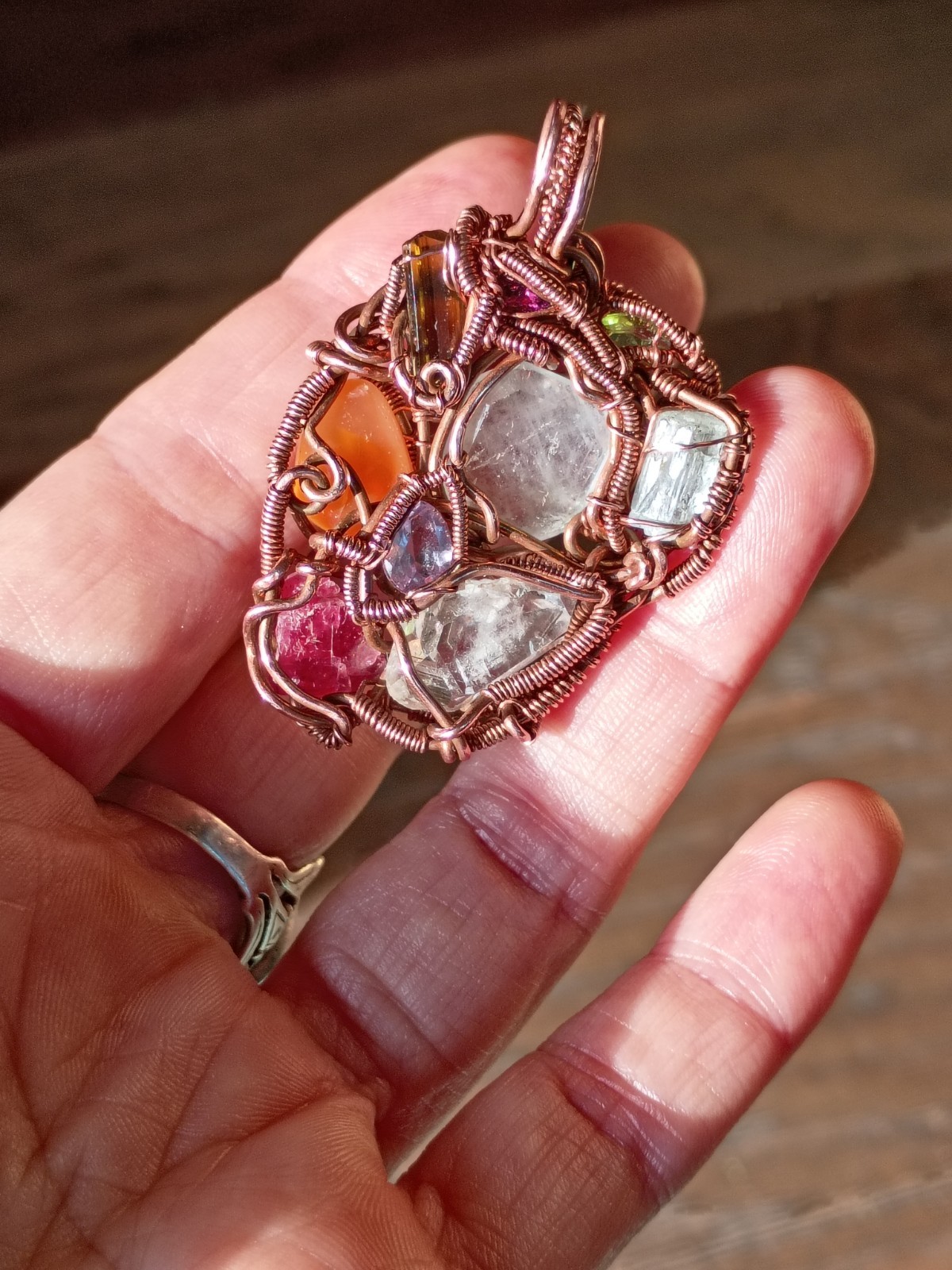 Multicolor Multiple Gem Stone Pendant Necklace Copper Wirewrap Amulet