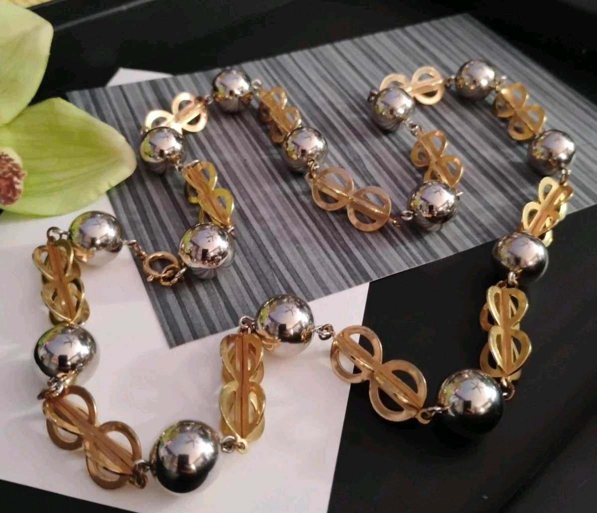 Vintage GEOMETRIC Beaded Bauble Dual Metallic 28″ Spring Ring Chain Necklace!