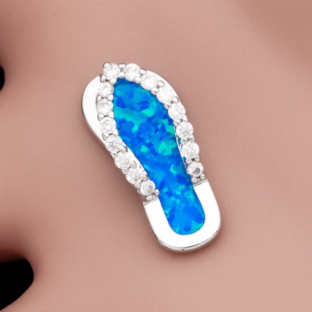 Beach Flip Flop Ocean Blue Fire Opal CZ Silver Jewelry Necklace Pendant